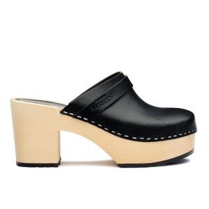 Swedish Hasbeens LOUISE Black Leather Platform Clogs Heels 38